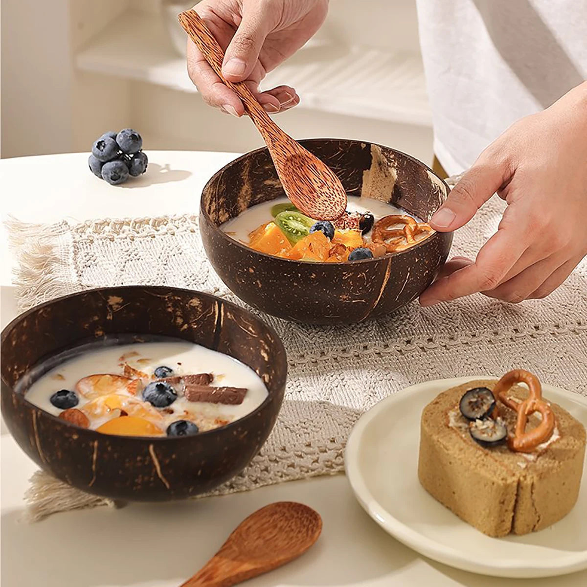 Set de Cuenco de Coco Natural y Cuchara de Madera