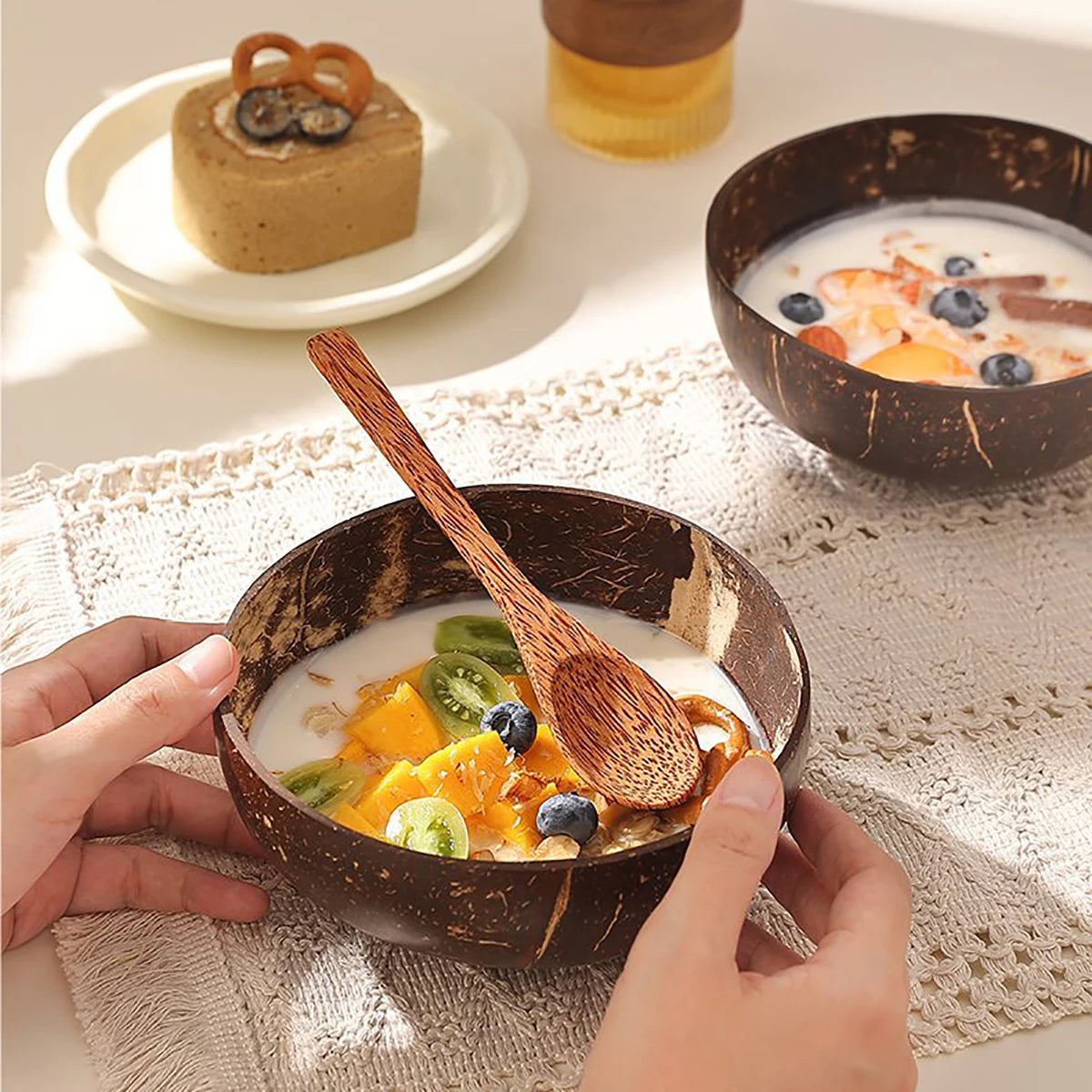 Set de Cuenco de Coco Natural y Cuchara de Madera