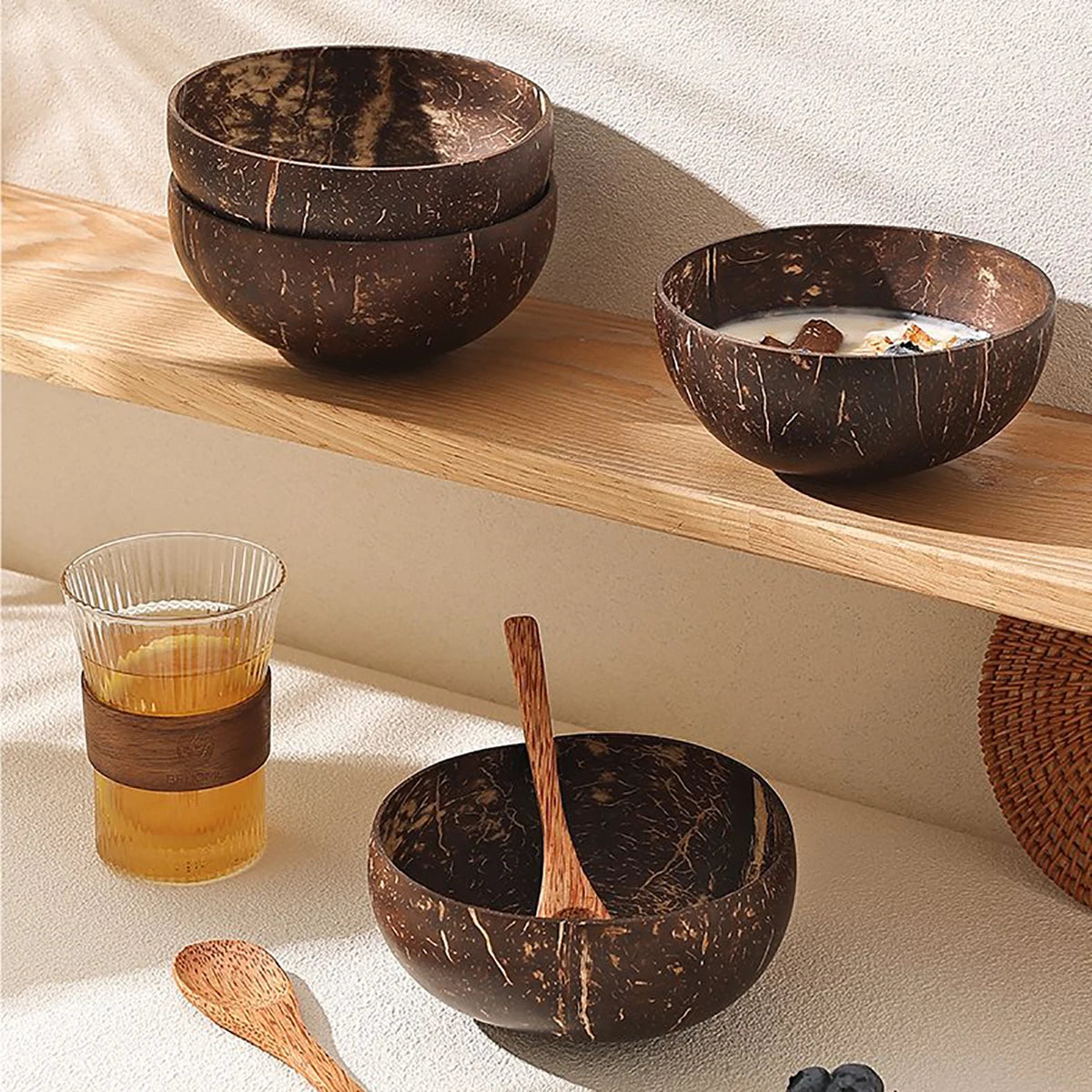 Set de Cuenco de Coco Natural y Cuchara de Madera