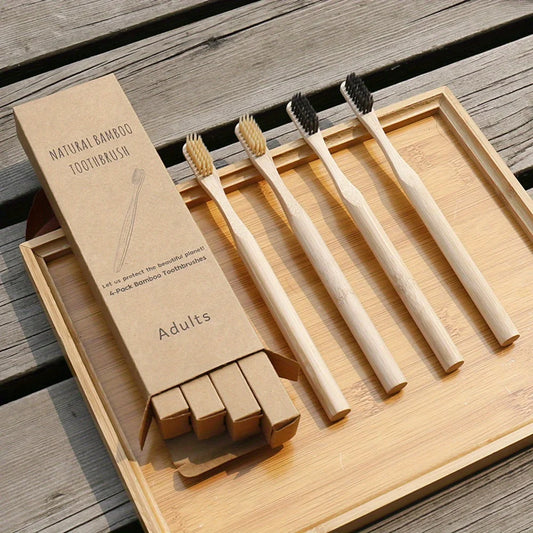 Pack de 4 Cepillos de Dientes de Bambú con Mango Redondo